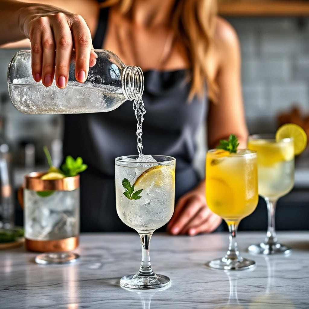 In a kitchen setting, a woman pours from a Top Hat Provisions Keto Sugar Free Mixology Cocktail & Soda Syrup Combo Kit bottle into a glass with lemon and mint. Two similarly garnished drinks rest nearby, ideal for crafting keto-friendly cocktails.