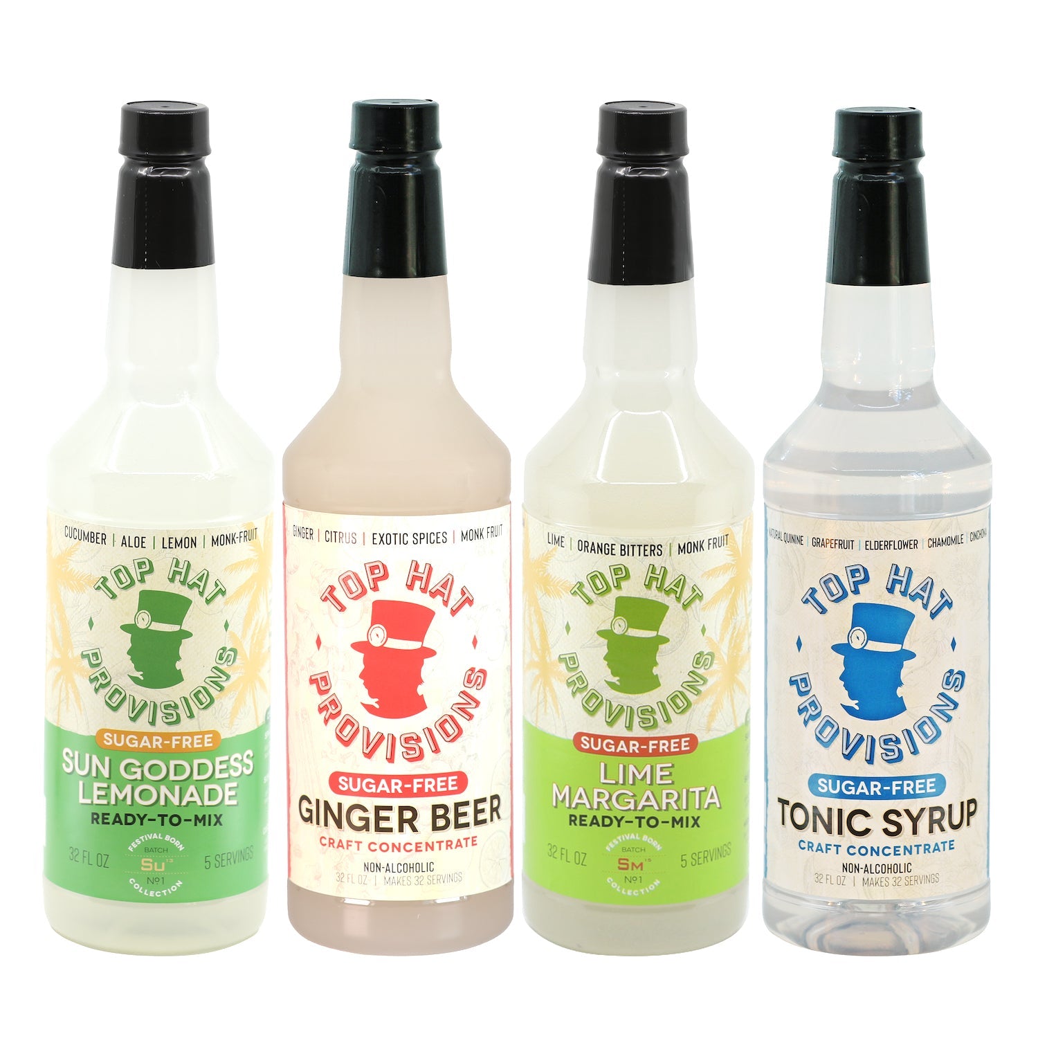 Four 32oz bottles of Top Hat Keto Sugar Free Mixology Cocktail & Soda Syrup by Top Hat Provisions. Flavors from left to right: Sun Goddess Lemonade, Ginger Beer, Lime Margarita, and Tonic Syrup. Each monk fruit-sweetened mixer is sugar-free and ready-to-mix for keto-friendly cocktails.