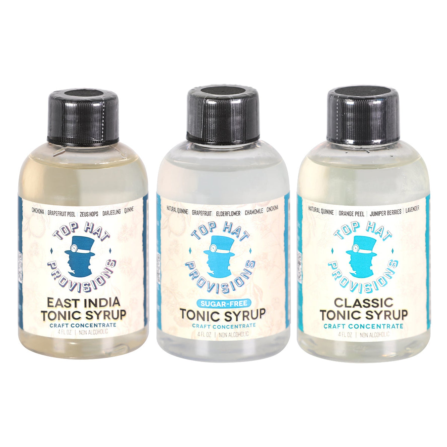 Top Hat Tonic Syrup Trio – East India, Classic, & Diet Tonic Water Concentrates - 3 Pack of 4oz Bottles