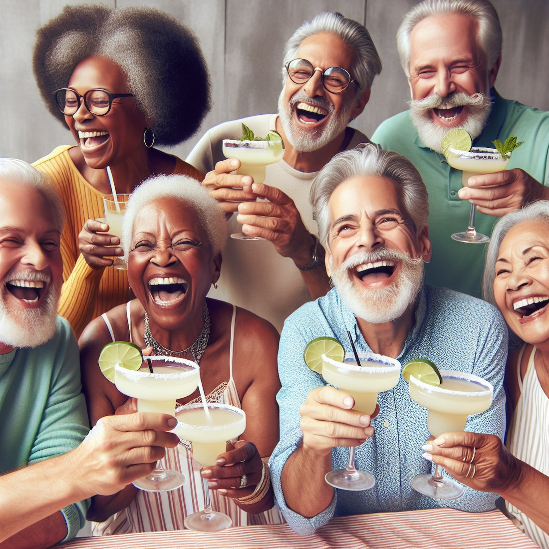 Older folks drinking margaritas together, Shutterstock square image