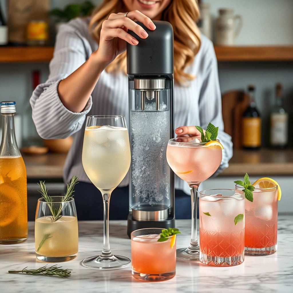 Soda maker with woman making pink drinks and ginger beer