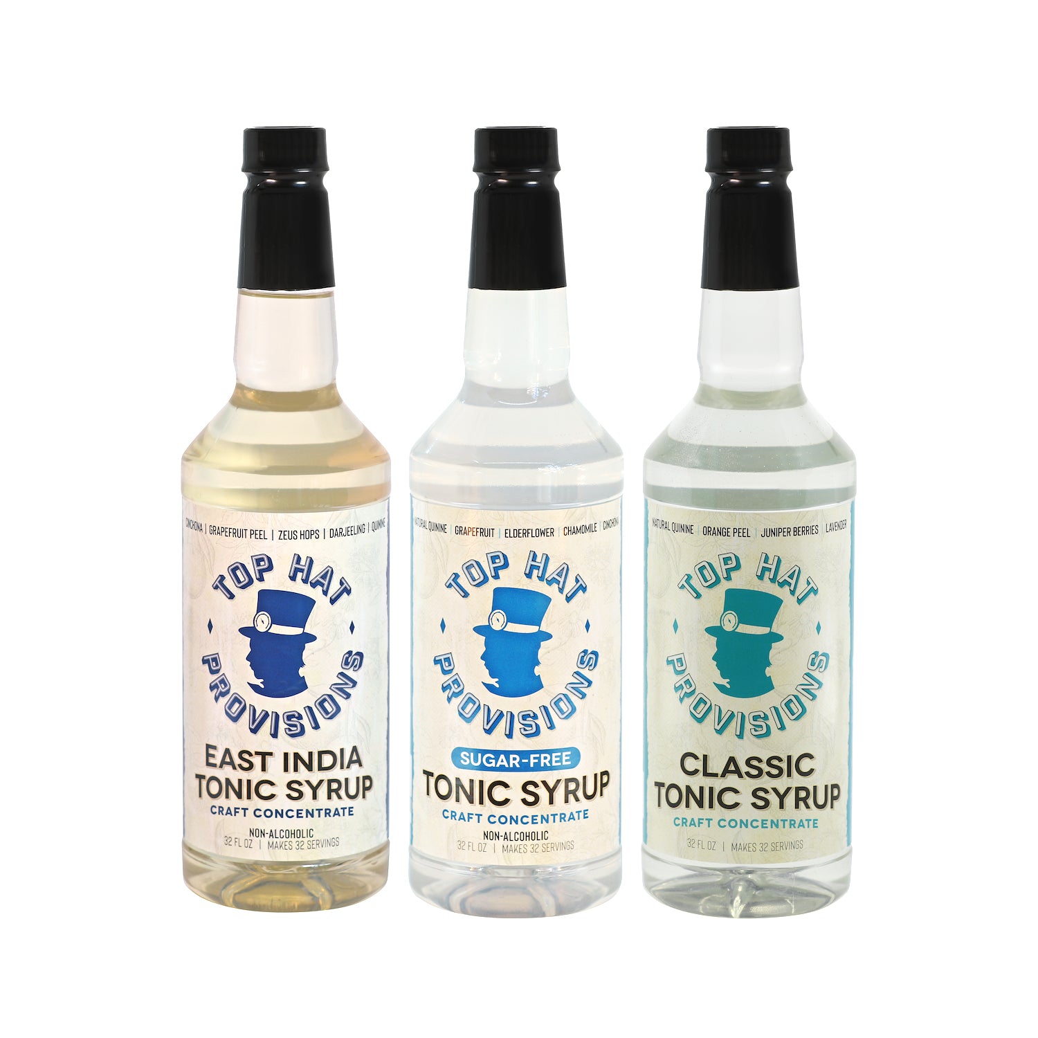 Top Hat Tonic Syrup Trio & 5x Quinine Concentrate Combo Kit - East India Tonic Syrup, Sugar Free Elderflower Tonic Syrup & Classic Tonic Syrup - 3 pack of 32oz bottles