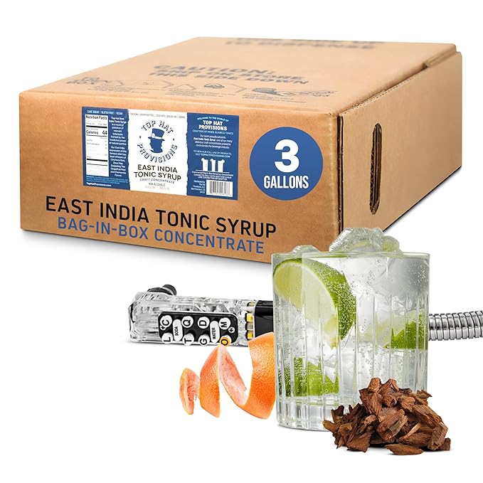 Top Hat East India Tonic Soda BIB Amazon image with soda gun and tonic glass