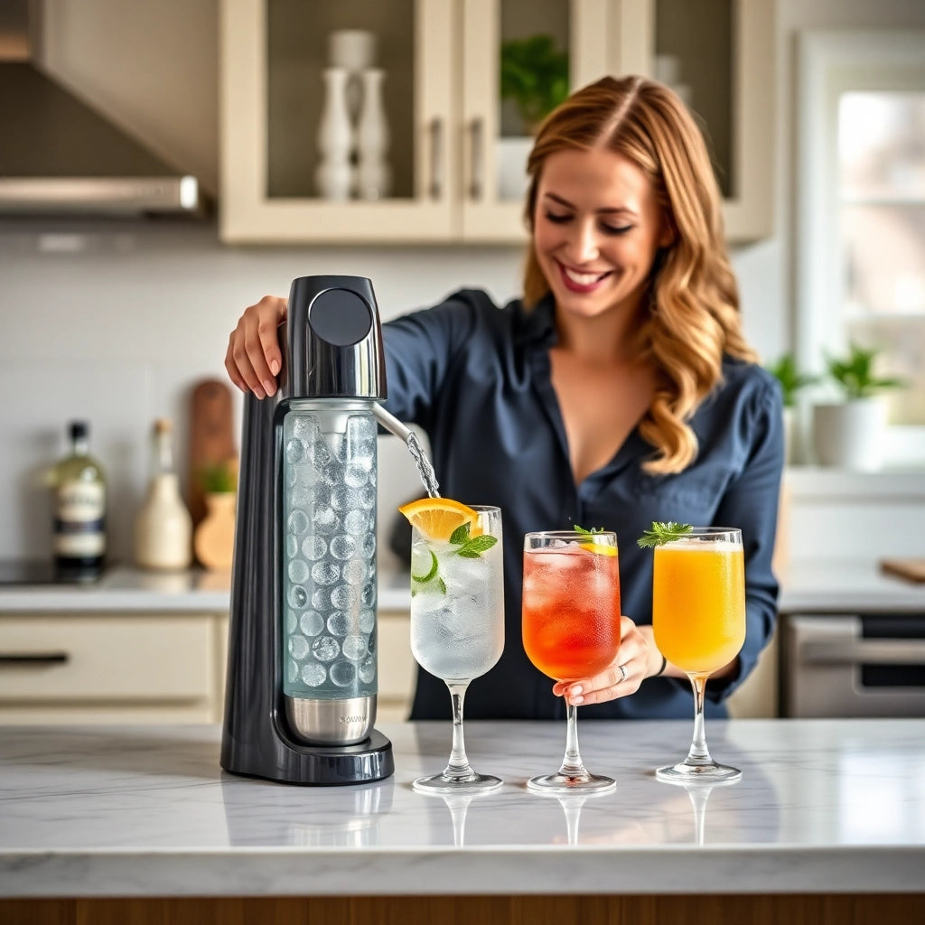 In the kitchen, a woman uses a soda maker to create sparkling water for colorful keto-friendly cocktails with Top Hat Provisions Keto Sugar Free Mixology Syrup. She smiles at her sugar-free mixer creations, pouring the vibrant drinks into three fruit and herb-garnished glasses on the counter.